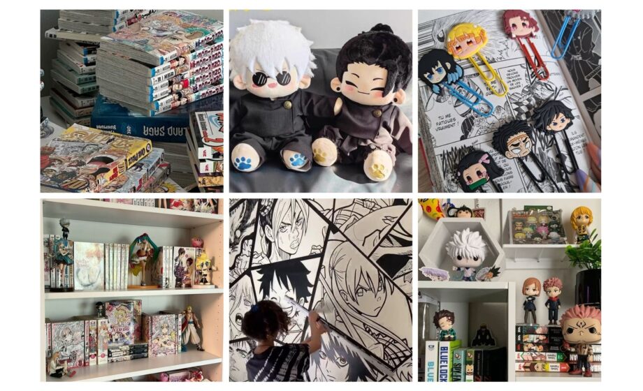 Collection of anime figures, manga stacks, and wall art; perfect setup for anime and manga enthusiasts.