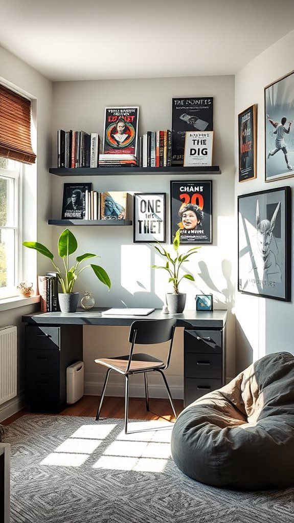 Modern home office with sunlit desk, chair, plants, shelves, and artistic wall decor. Cozy workspace design inspiration.