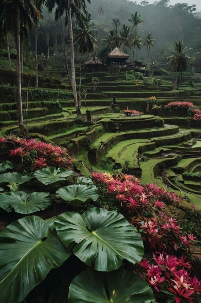 Lush terraced rice fields with vibrant tropical plants and palm trees, set in a misty landscape with traditional huts.