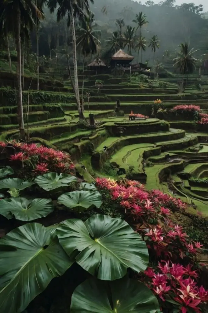Lush terraced rice fields with vibrant tropical plants and palm trees, set in a misty landscape with traditional huts.