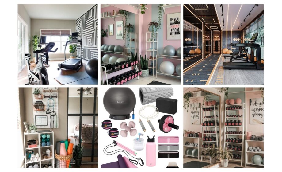 Collage of stylish home gyms with exercise equipment, including bikes, treadmills, weights, and yoga mats. Modern fitness spaces.