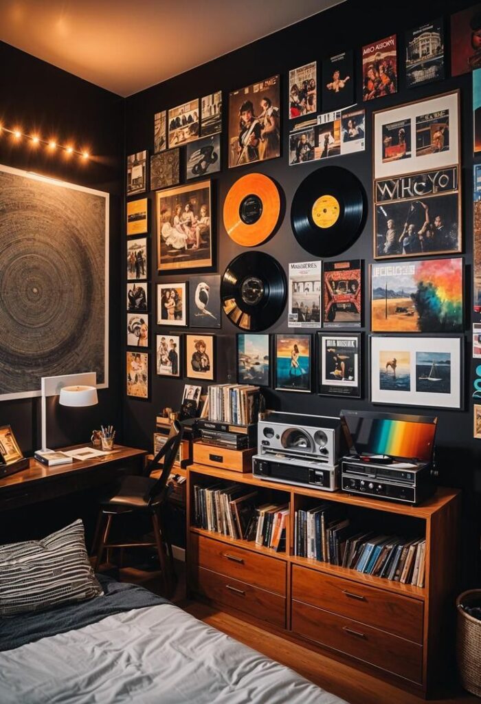 Cozy bedroom with vinyl records, vintage decor, books, and a retro stereo setup, creating a warm and artistic atmosphere.