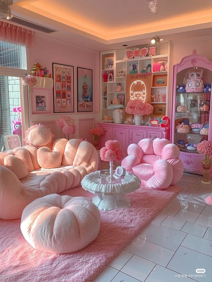 Cozy pink-themed room with plush pink sofas, vibrant decor, and soft lighting, creating a whimsical and inviting atmosphere.