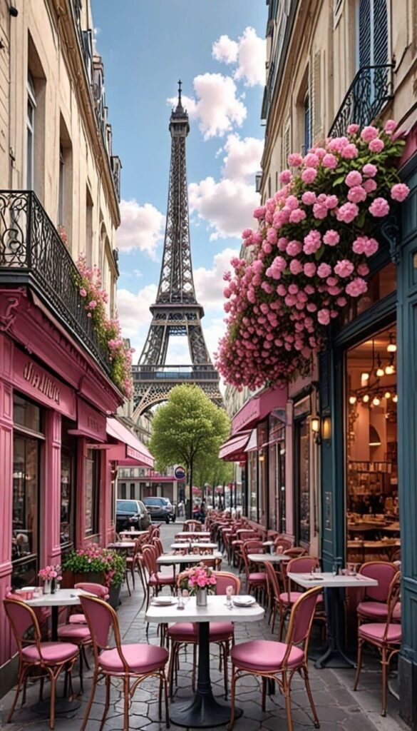 Charming Parisian cafe with pink decor, Eiffel Tower view, and vibrant flowers lining the street. Perfect Paris ambiance.