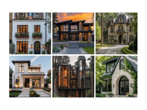 Collage of stunning house exteriors, showcasing diverse architectural styles, from modern to classic, set in lush surroundings.