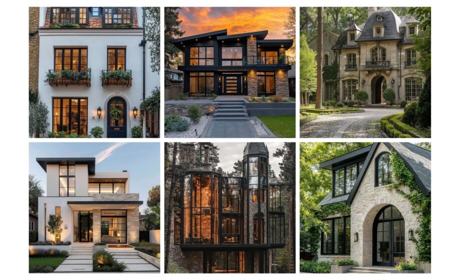 Collage of stunning house exteriors, showcasing diverse architectural styles, from modern to classic, set in lush surroundings.