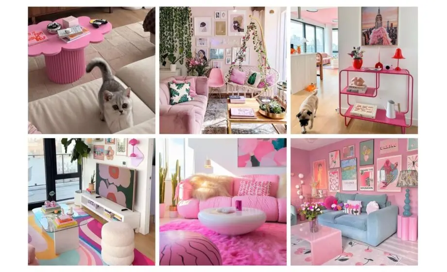Collage of vibrant, pink-themed living rooms with modern decor, featuring cozy furniture and playful accents.
