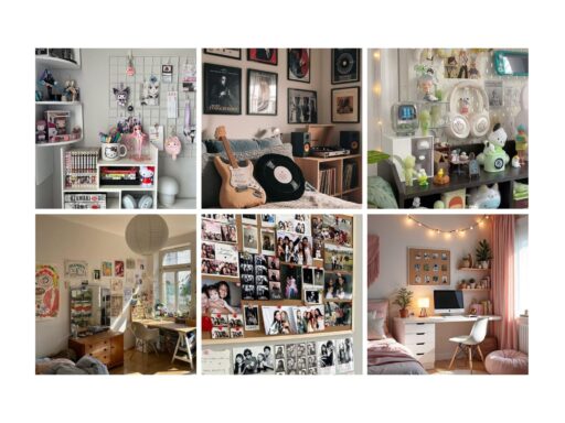 Aesthetic collage of cozy bedrooms with decor, posters, and personal items, showcasing a blend of styles and creative spaces.