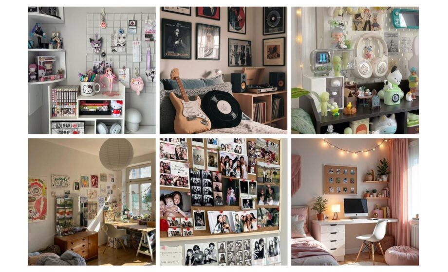 Aesthetic collage of cozy bedrooms with decor, posters, and personal items, showcasing a blend of styles and creative spaces.