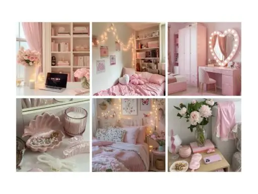 Chic pink-themed room collage featuring cozy decor, floral accents, and elegant furniture for a dreamy aesthetic.