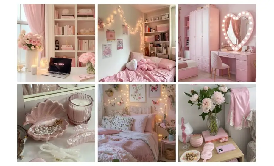 Chic pink-themed room collage featuring cozy decor, floral accents, and elegant furniture for a dreamy aesthetic.