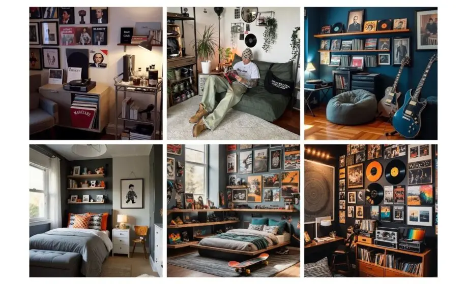 Modern and cozy rooms with music-themed decor, records, guitars, and stylish shelves create a vibrant, chill atmosphere.