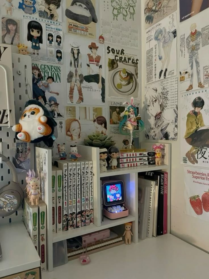 Cozy anime-themed room with manga, posters, and figurines on shelves and walls, perfect for fans and collectors.