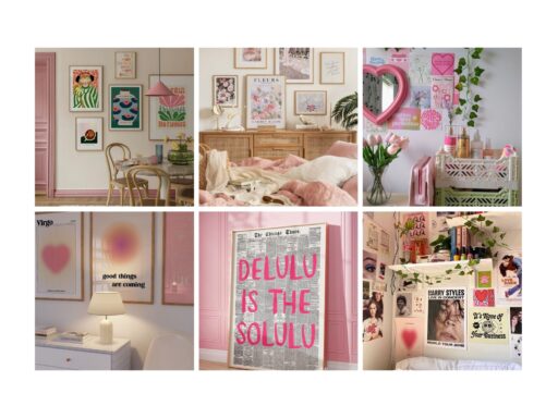 Collage of cozy bedroom decor with pink accents, wall art, posters, and plants, creating a stylish and inviting atmosphere.