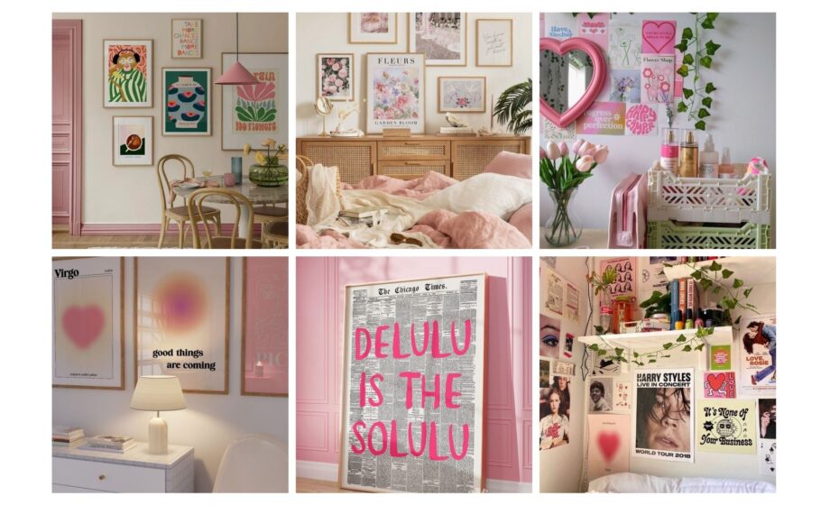 Collage of cozy bedroom decor with pink accents, wall art, posters, and plants, creating a stylish and inviting atmosphere.