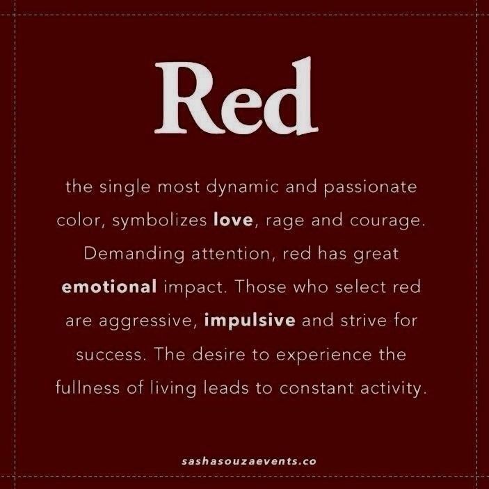 Red text image highlighting the color's symbolism: love, rage, courage, emotional impact, and its link to aggression and success.