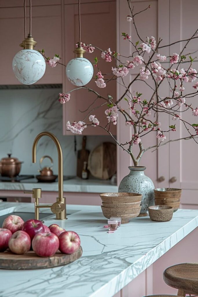 Chic pink kitchen with marble details, blooming branches, fresh apples, and modern lighting creating a serene and stylish ambiance.