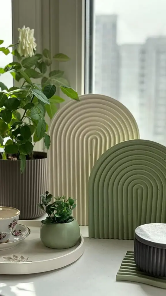 Modern decor with arch-shaped panels, plants, and teacup by a window, creating a serene, stylish interior design setting.