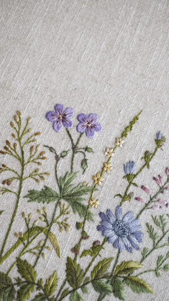 Delicate floral embroidery with purple and blue flowers on textured beige fabric. Perfect for craft and textile enthusiasts.