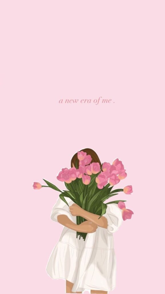 Illustration of a woman in a white dress holding pink tulips, with text a new era of me on a pink background.