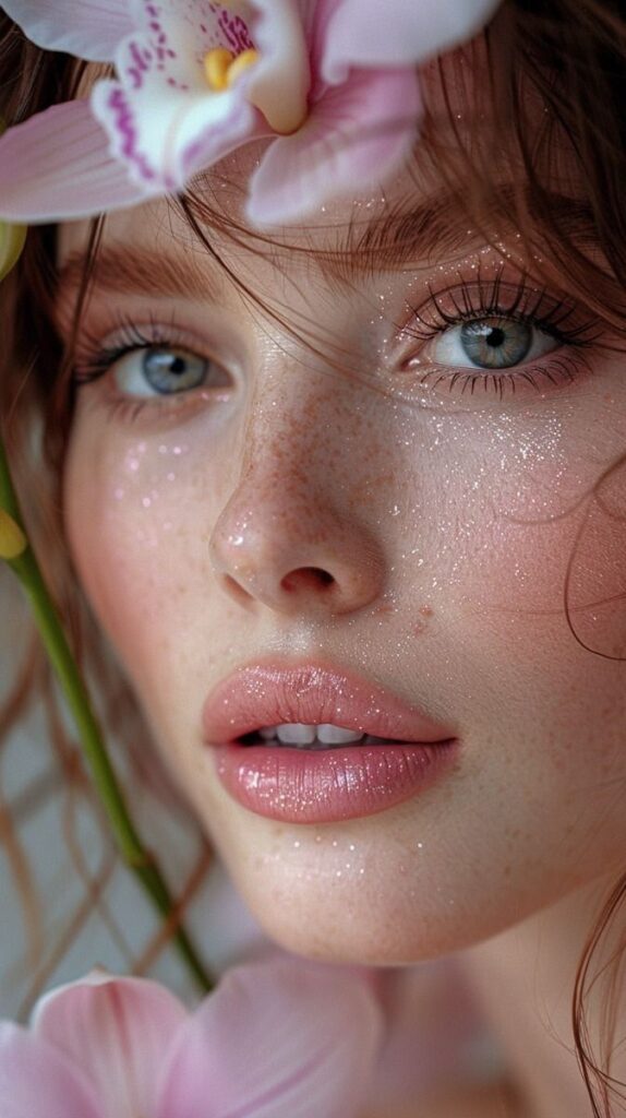 Close-up of a woman with sparkling makeup and pink orchid in hair, highlighting freckled skin and glossy lips.