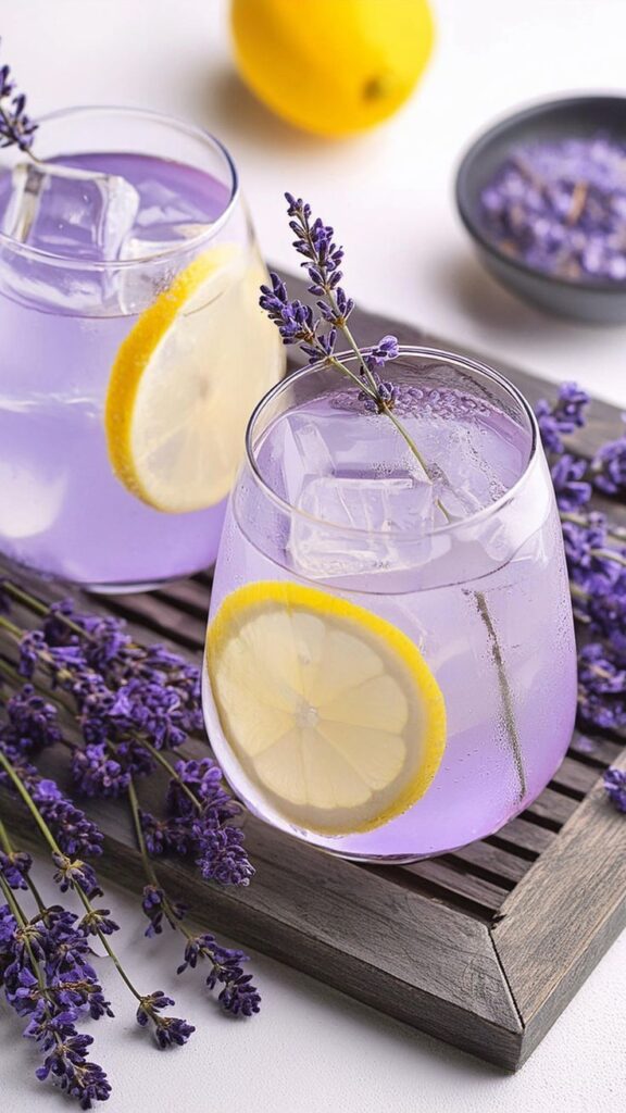 Refreshing lavender lemonade with lemon slices on ice, garnished with fresh lavender, served on a rustic wooden tray.