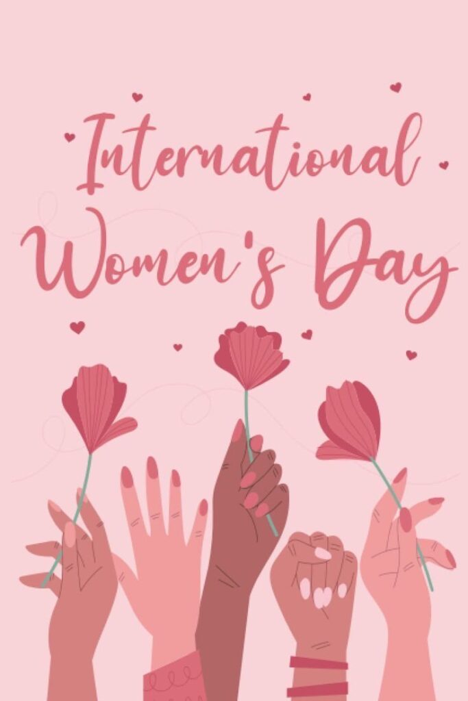 Illustrated hands holding flowers on International Women's Day. Empowerment and celebration theme in pink.