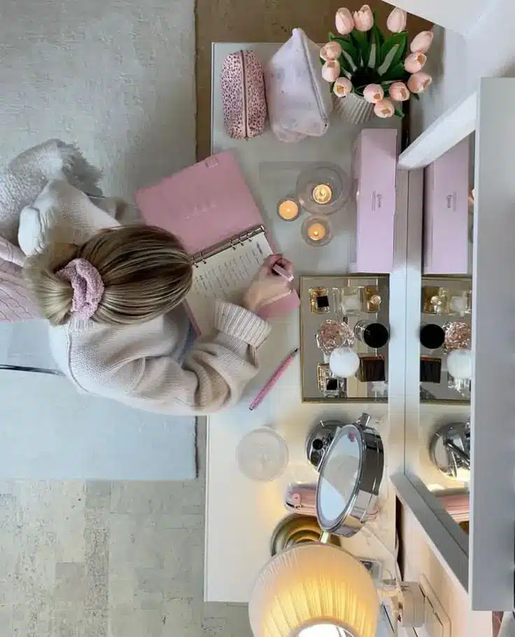 Woman writing in pink planner at cozy desk with candles, tulips, and beauty items reflecting a soothing workspace vibe.