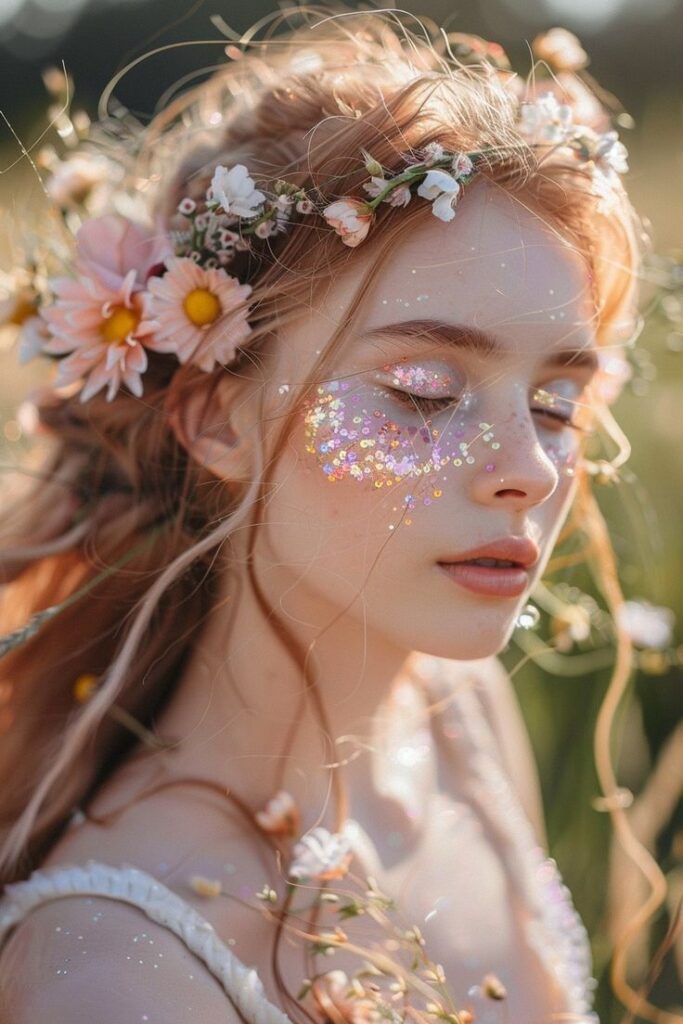 Woman with floral crown and glitter makeup in a sunlit field, embracing ethereal, bohemian style. Dreamy, nature-inspired beauty.