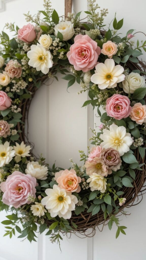 Beautiful floral wreath with pink and white flowers and green leaves on a door. Perfect for elegant spring decor.