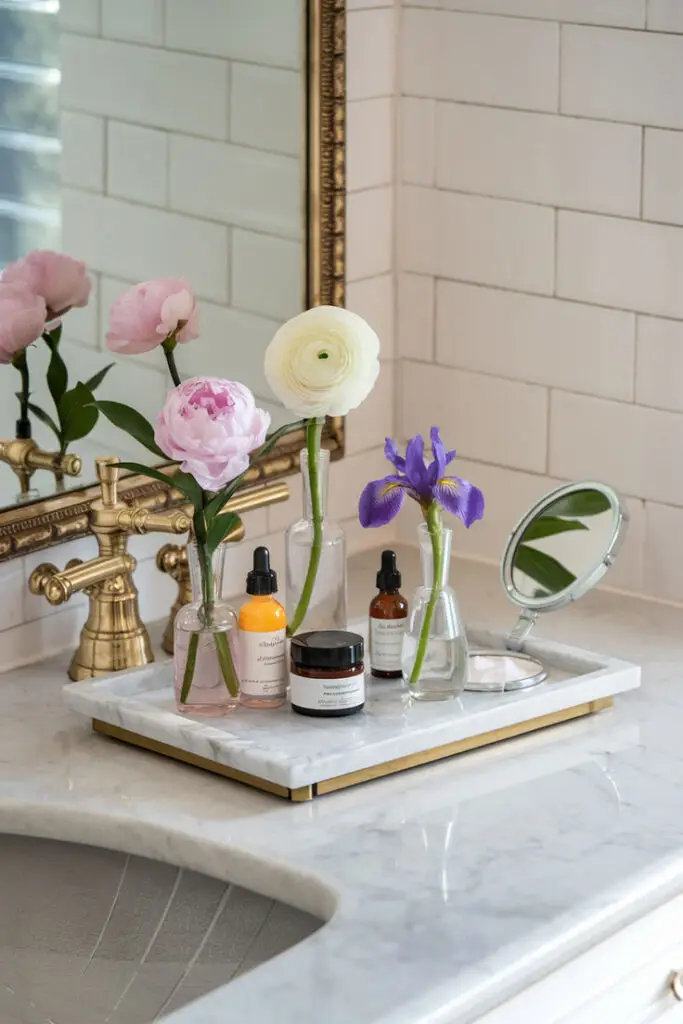 Elegant bathroom vanity with flowers, skincare products, and a mirror on a marble tray, creating a serene and luxurious ambiance.