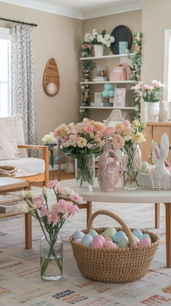 Cozy living room with pastel decor, flowers, and Easter basket. Bright and inviting spring interior design.