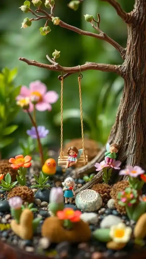 Miniature garden with fairies on a swing surrounded by colorful flowers and a tree, creating a whimsical scene.