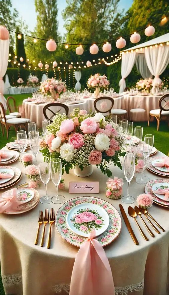 Elegant outdoor wedding table setup with pink flowers, gold cutlery, and string lights, creating a romantic garden ambiance.