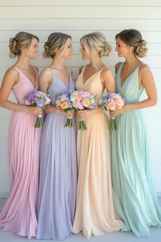 Four bridesmaids in pastel dresses holding bouquets, smiling against a light background. Perfect for wedding inspiration.