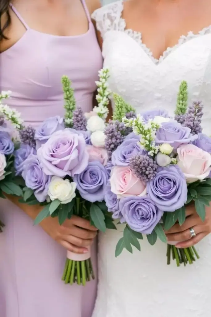 Bridesmaid and bride holding elegant lavender and white rose bouquets, perfect for a spring wedding theme.