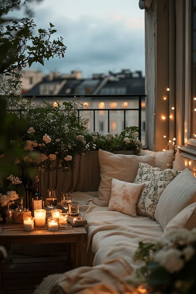 Cozy balcony with candles, cushions, and wine overlooking city rooftops, creating a romantic evening ambiance.