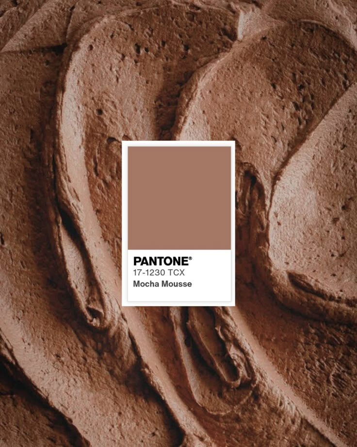 Pantone 17-1230 TCX Mocha Mousse color swatch on rich, textured chocolate mousse background.