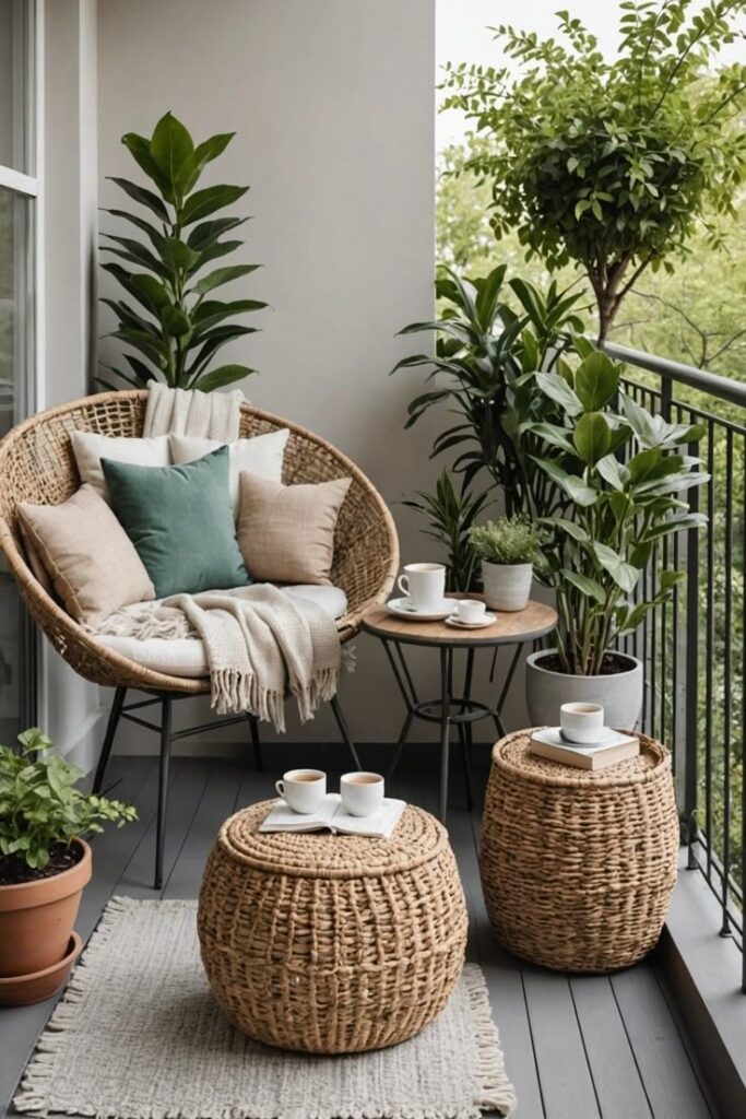 Cozy balcony setup with wicker chair, green cushions, potted plants, and a table set for tea, offering a serene outdoor retreat.