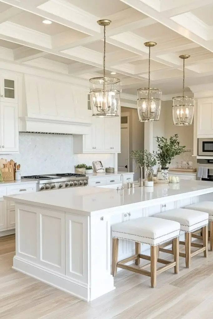 Elegant white kitchen with island, pendant lights, and stools, featuring greenery and modern appliances. Bright, spacious interior design.