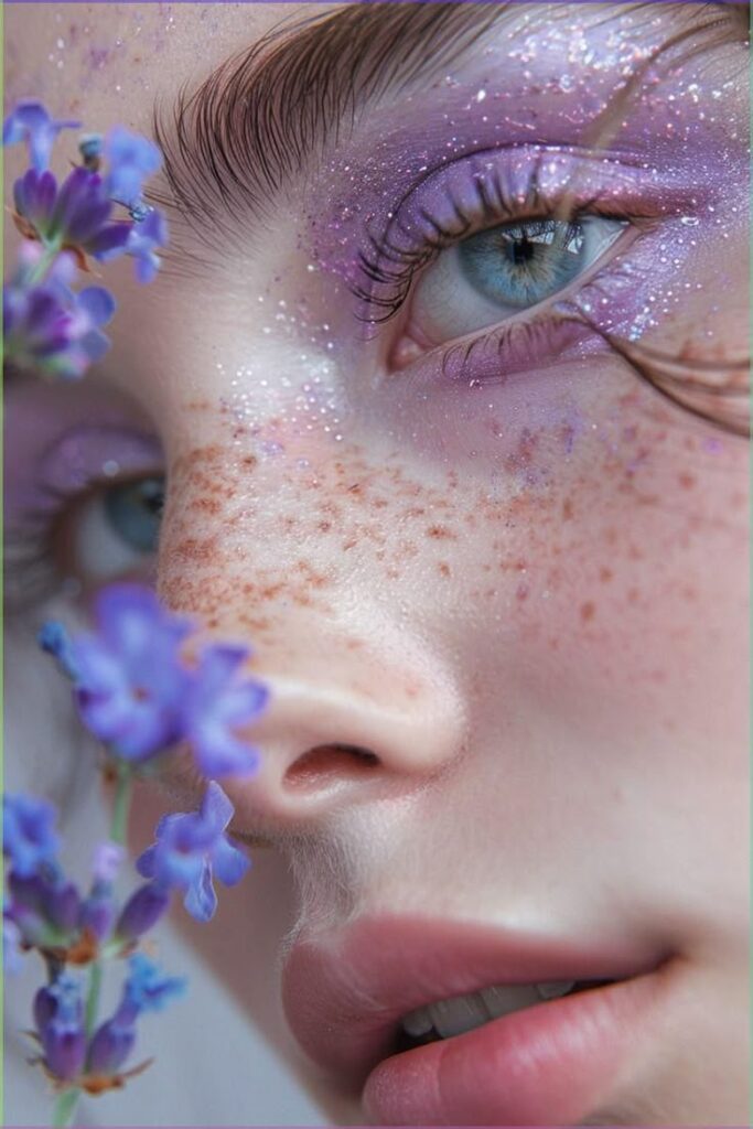 Close-up of a face with freckled skin and purple glitter eyeshadow next to lavender flowers, highlighting natural beauty.