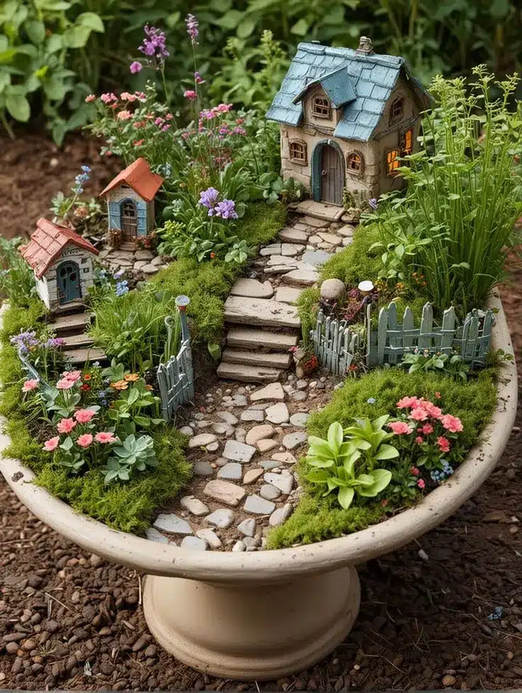 Miniature fairy garden with tiny houses, stone path, and vibrant flowers in a large planter, creating a whimsical outdoor scene.