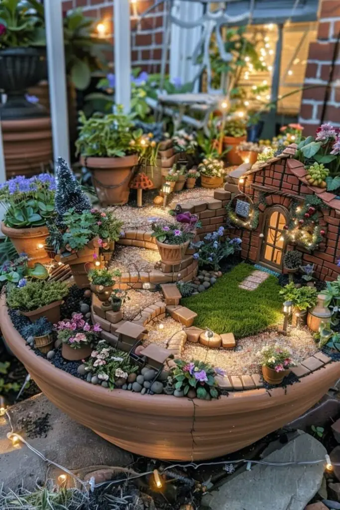 Miniature fairy garden with plants, lights, and a brick house in a large pot, creating a whimsical and enchanting atmosphere.