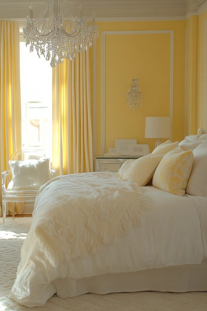 Elegant yellow bedroom with a crystal chandelier, plush bedding, and sheer curtains illuminating a cozy, refined atmosphere.