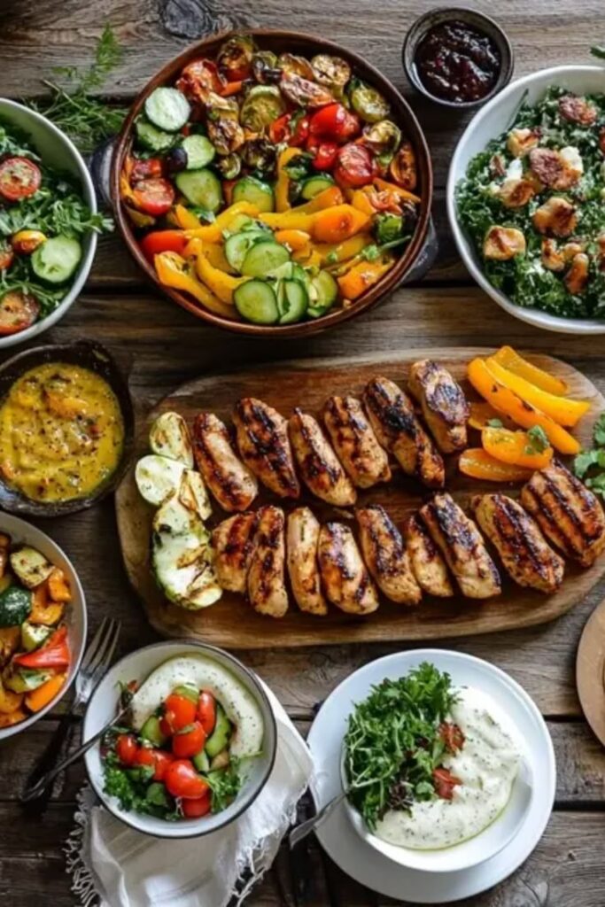 Colorful grilled chicken with fresh vegetable sides on rustic table, featuring kale salad, roasted veggies, and creamy dips.