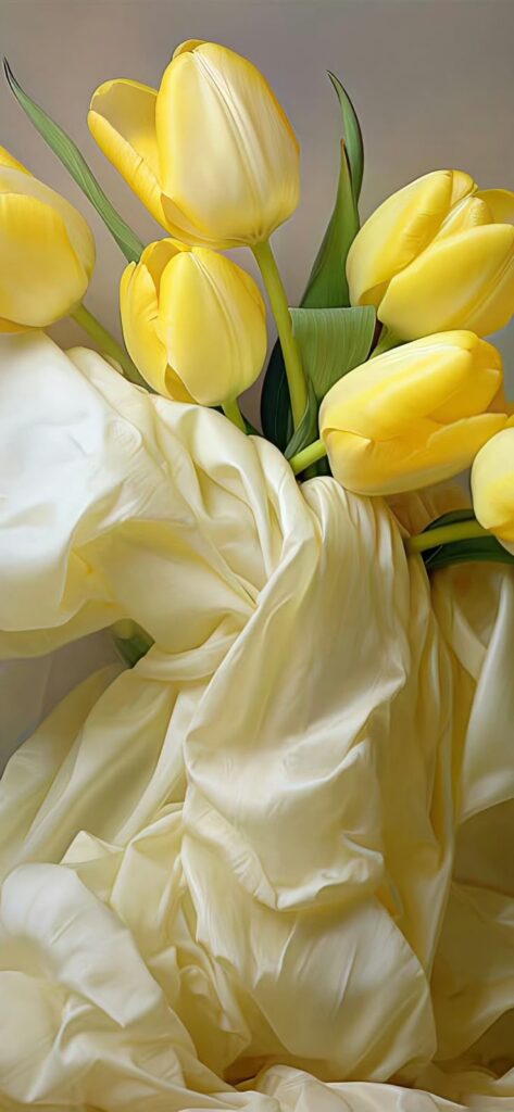 Yellow tulips with lush green leaves arranged against a soft fabric backdrop, creating an elegant floral display.