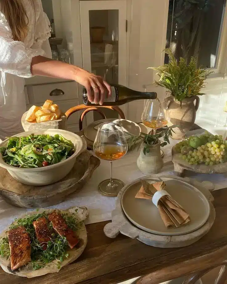 Elegant dining setup with fresh salad, grilled salmon, baguette slices, and wine. Cozy sunlight ambiance and decorative greenery.