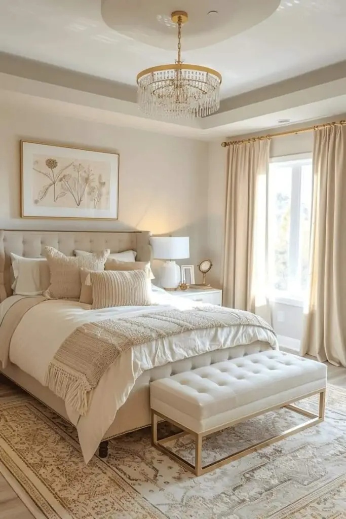 Elegant beige bedroom with plush bed, chandelier, and natural light. Cozy and sophisticated interior design.