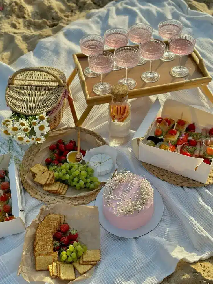Beach picnic setup with pink drinks, fruit, crackers, a summer cake, and daisies on a white blanket, perfect for a sunny day.