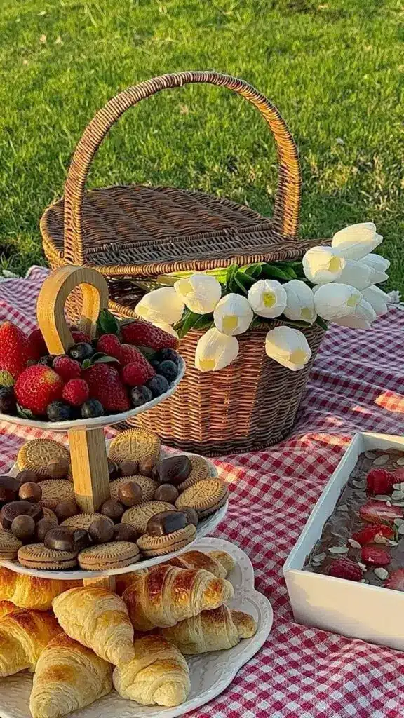 Picnic setup with a wicker basket, croissants, assorted fruits, cookies, and chocolate cake on a red checkered blanket.